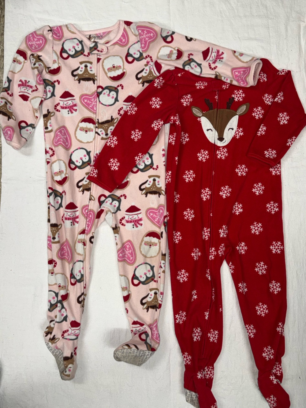 Carter's Red and Pink Holiday Footed Pajama Set with Reindeer and Penguin Prints